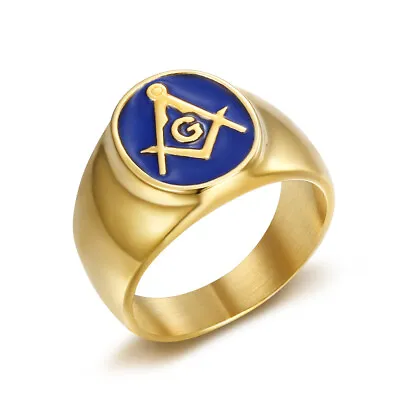 Vintage Blue Enamel Freemason AG Ring Stainless Steel Gold Plated Masonic Ring • $12.99