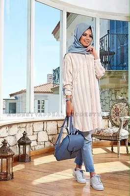 Cotton Tunic - Powder/White Islamic  Long SleeveTunic Top Turkey High Qualty  • $20