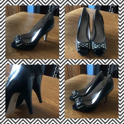 Dune Size 6 39 Black Leather Studded Peep Toe Heel Shoes Rockabilly Pin Up Women • £55