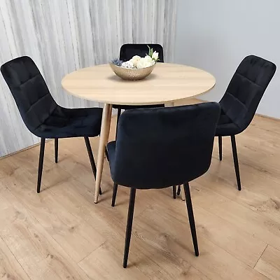 Round Oak Effect Kitchen Dining Table With 4 Black Velvet Tufted Chairs Set • £199.99