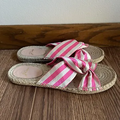 J.Crew Women 7.5 Pink Satin Awning Stripe Twisted Knot Espadrille Slide Sandals • $20.99