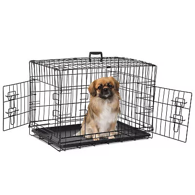 30  36  42  Dog Crate Metal Dog Kennel Folding Pet Cage 2 Door W/Tray Pan Black • $40.58