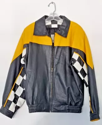 Vintage Burks Bay Leather RACING Jacket Black & White Checkerboard Yellow Size M • $79.90