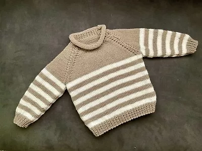 New Hand Knitted  Soft DK Jumper. 6-12 Month. Taupe/white Stripe Coloured Yarn. • £10.95