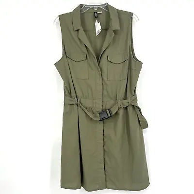 NEW H&M Divided Khaki Green Utility Shirt Dress Button Front Belted Size L • $15