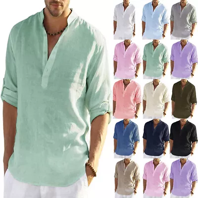 $7.59 • Buy Mens Cotton Linen V-Neck Long Sleeve T-Shirt Tops Casual Loose Solid Blouse Tee