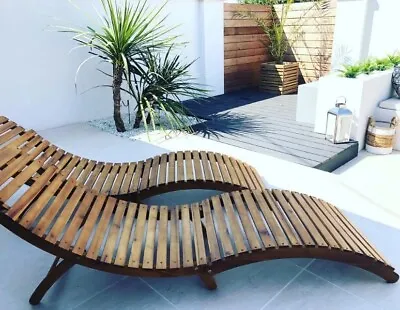 Wooden Sun Lounger Outdoor Recliner Patio Pool Daybed Folding Deck Chair Garden • £148.50