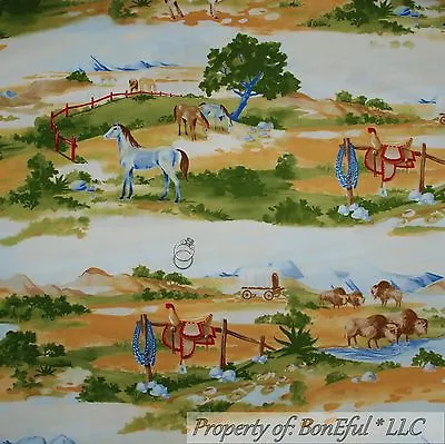 $0.85 • Buy BonEful Fabric Cotton Quilt Scenic Country Farm Barn Horse Tree Buffalo UK SCRAP