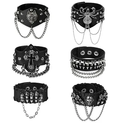 Punk Rock Mens Black Wide Leather Cuff Skull Lion Bullet Studded Chain Bracelet • $8.89