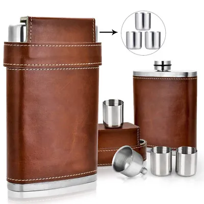 Amazing 8oz Hip Flask Set Brown Leather Effect Quality Stainless Steel 3 Cups • £12.99