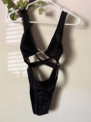 Vintage 90s Carabella Collection Black Rhinestone High Cut Swimsuit • $29.99