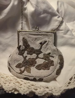 Vintage Hand MADE IN FRANCE Beaded Evening Bag WHITE & BRONZE Mosaic • $1.99