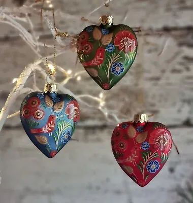£14.95 • Buy 3 X Folk Art Glass Heart Hanging Christmas Tree Decorations Gisela Graham 2023