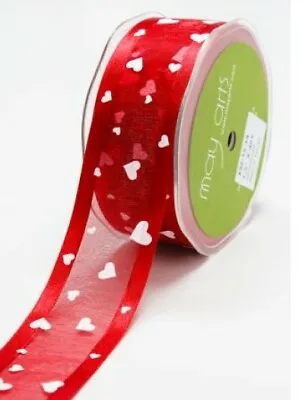 Valentine 38mm Red Sheer Heart Print Ribbon By May Arts - Price Per Metre • £1.65