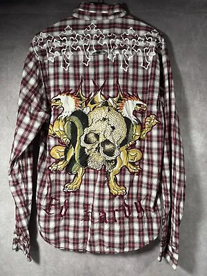 Ed Hardy Y2K Plaid Button Up Shirt Rhinestones Skull Cross Embroidered - Medium • $28