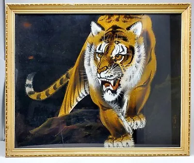 Signed Vintage Crouching Tiger Chinese Asian Black Silk Painting • $125