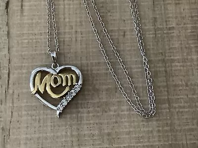 2 Tone Gold Sterling Silver MOM Diamond Love Heart Pendant Chain Necklace 18” • $19.99
