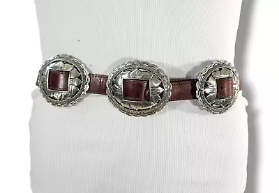 Brighton Vintage 1993 Brown Leather Silver Concho Belt Southwest Sunflower Boho • $71.99