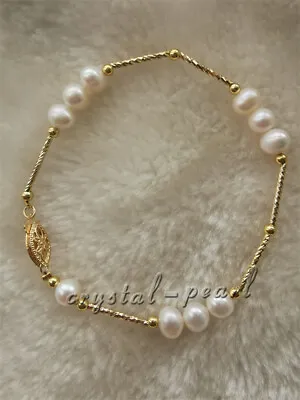$18.99 • Buy White AAA Akoya Natural Pearl Bracelet 7.5-8 Inch14k Yellow Gold Clasp