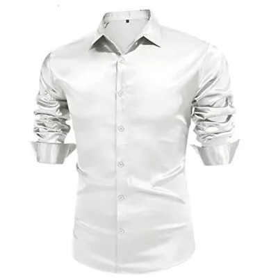 Male Blouse Long Sleeve Dress Shirt Men's Tops Satin Silk Shirts Casual Fashion • £14.93