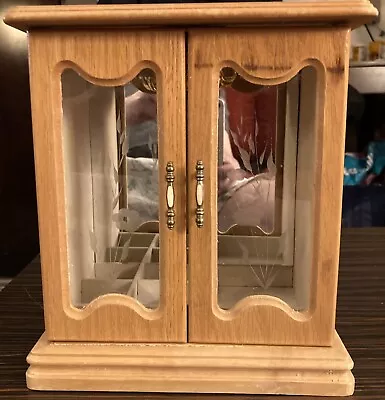 Vintage Wood Jewelry Armoire Box Cabinet 2 Glass Doors Hangers 10” X 9” X 5” • $29.95