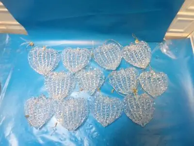 Vintage Spun Glass Heart Shape Christmas Tree Ornaments Clear Lot Of 12 • $5.99