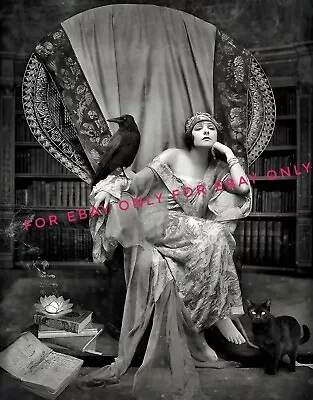 8x10 HD Reprint Vintage 1920's Art Deco Style Fortune Teller Woman Raven & Cat  • $14.99