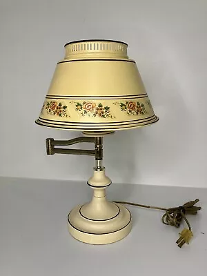 Vintage Toleware Swing Arm Table Lamp Floral French Country Farmhouse ~ 16  Tall • $59.99