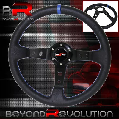 Universal 350mm Steering Wheel Pvc Leather Deep Dish Black Blue Godsnow Button • $46.99