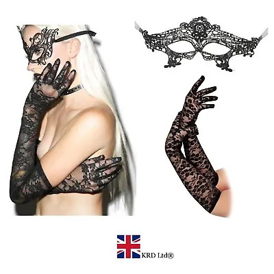 £3.54 • Buy BLACK LONG LACE GLOVES MASK SET Burlesque Goth Sexy Fancy Dress Bride Girls UK