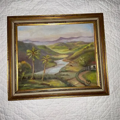 VINTAGE 50s Hawaiian? Landscape Original Oil PAINTING By Elba Mountains Palms • $228