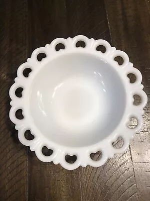 Vintage 9” Anchor Hocking Milk Glass Bowl With Lace Heart Edge  • $15