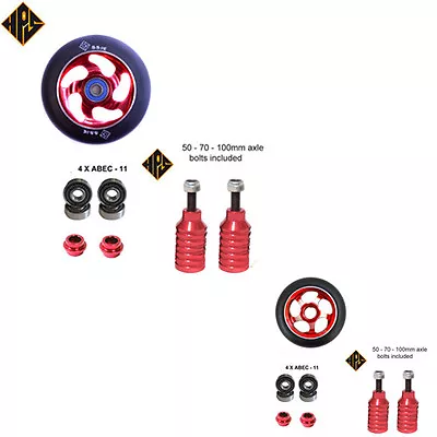 RED SET STUNT SCOOTER METAL CORE WHEELS 100mm ABEC 11 BEARING PEGS 3 AXLES 110 • £34.99