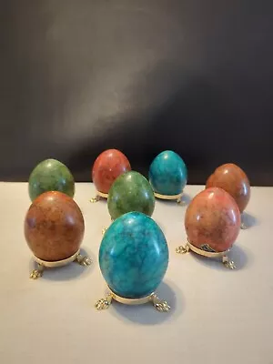 Gorgeous Vintage Alabaster Eggs Hand Carved In Italy -- 8 Eggs +  Egg Holders • $40