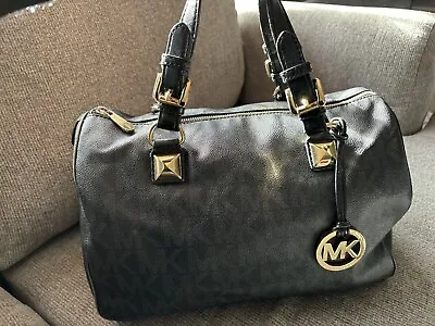 Michael Kors Large Black GRAYSON Satchel Bag Leather Handles & Trim MK Sig PVC • $80