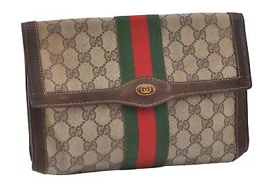 Authentic GUCCI Web Sherry Line Clutch Hand Bag Purse GG PVC Leather Brown 1503J • $154