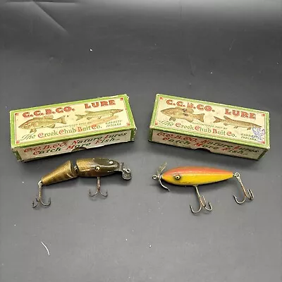 2 CREEK CHUB  C. C. B. Co. Lure Pikie Jointed Wood Minnow Lures & Box FISHING • $36