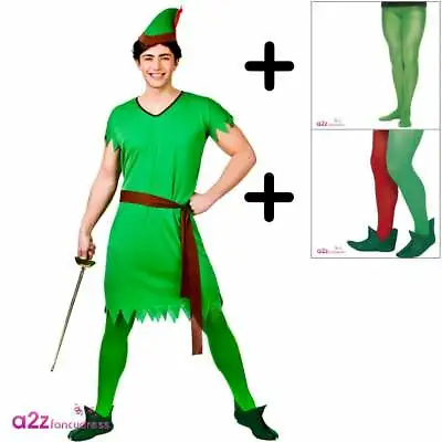 £18.99 • Buy Mens Peter Robin Hood Elf COSTUME + TIGHTS + SHOES Adults Book Day Fancy Dress