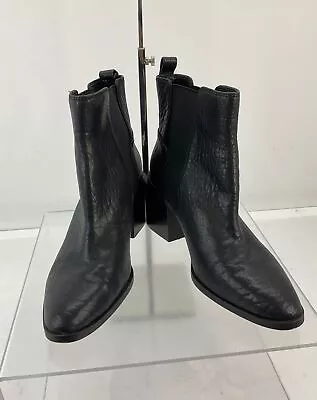 Vince Camuto Black Pebbled Leather & Fabric Pointed Stacked Heel Ankle Boots 9 • $25