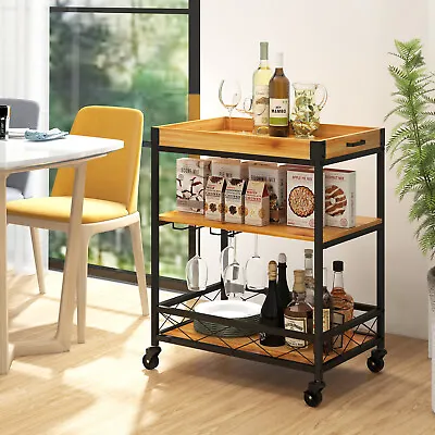 Kitchen 3 Tier Rolling Trolley Cart Serving Dining Storage Shelf W/Removable Top • $89.99