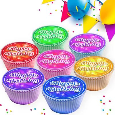 Sparkle Mix Colour Happy Birthday  Edible Cupcake Toppers Decorations 1509 • £2.99