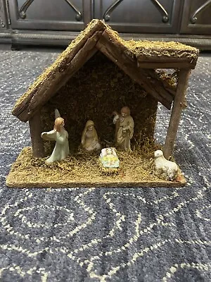 Vintage Nativity Scene Christmas Figures Wood & Moss Stable Manger Creche Set • $14