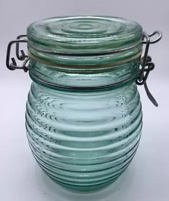 Vintage Beehive Ring Green Glass Storage Jar W/Wire Rubber Seal Canada 6.25” • $18