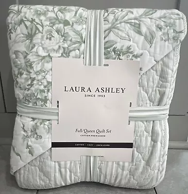 Laura Ashley Full/Queen Quilt Set Reversible Bedford Sage Green White Toile • £60.79