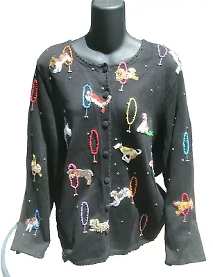 VTG Michael Simon New York Beaded Dog Show Black Cardigan Sweater Size 1X • $65