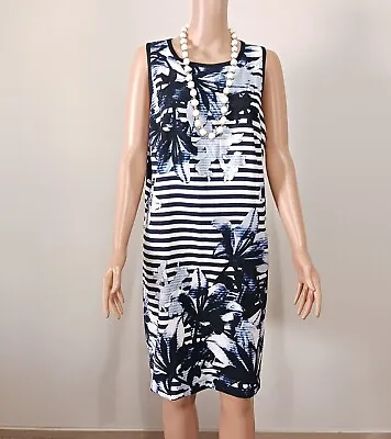 Maggie L Womens Dress  Sz 14 Black Blue & White  Hawaiian Style Travel Striped  • $29