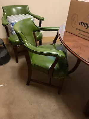 Vintage Green Leather And Wood Chairs Set Of 4 With Optional Table • $500