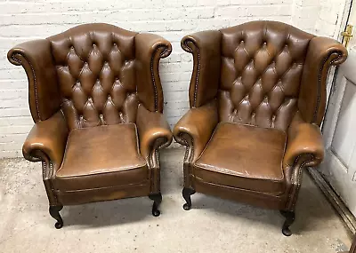 Pair Of Chesterfield Brown Leather Wingback Chairs Armchairs (Can Deliver) • £795