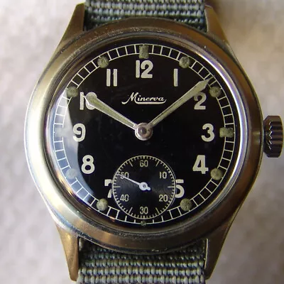 34 Mm MILITARY WWII PERIOD Men's MINERVA For GERMAN DH WRISTWATCH GOOD CONDITION • $1399.99