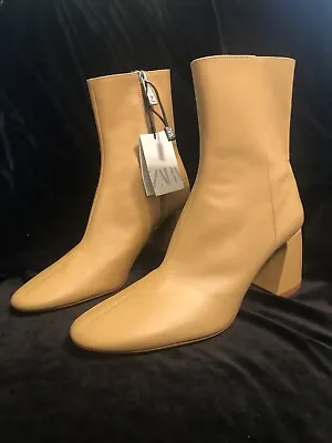 Zara~100% Leather Mid~block Heeled Ankle Boots Camel Tan~size Us 8~nwt~gorgeous • $79